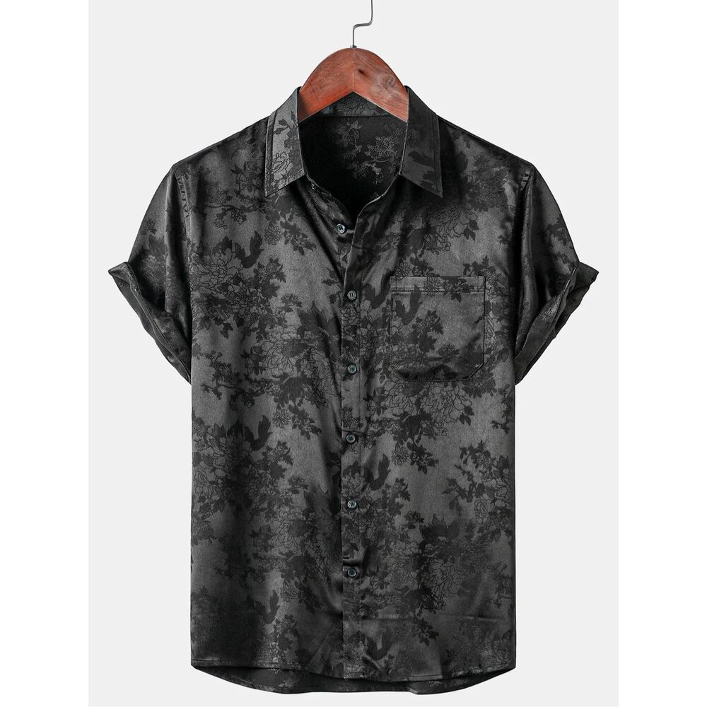 NWOT Men's Casual Jacquard Silky Satin Floral Pocket Short Sleeve Shirt